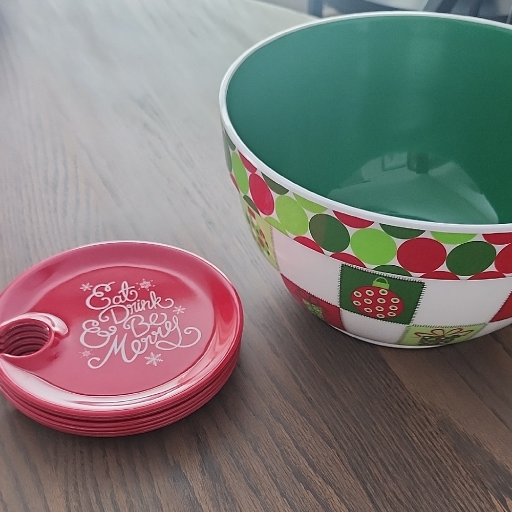 Festive Red and Green Bowl with Plates
